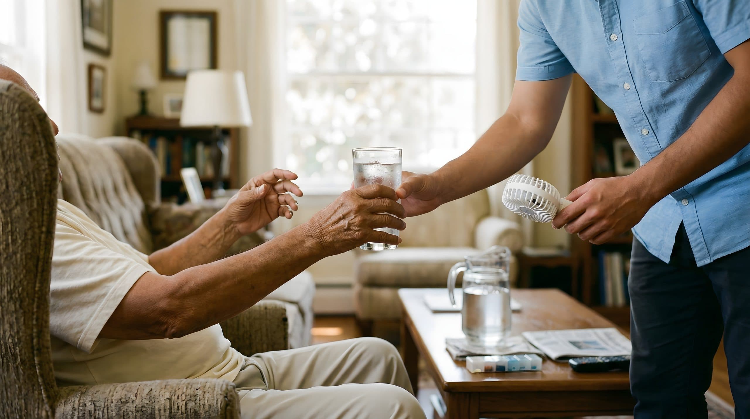 A caregiver bringing a glass of water to an older man in his living room
