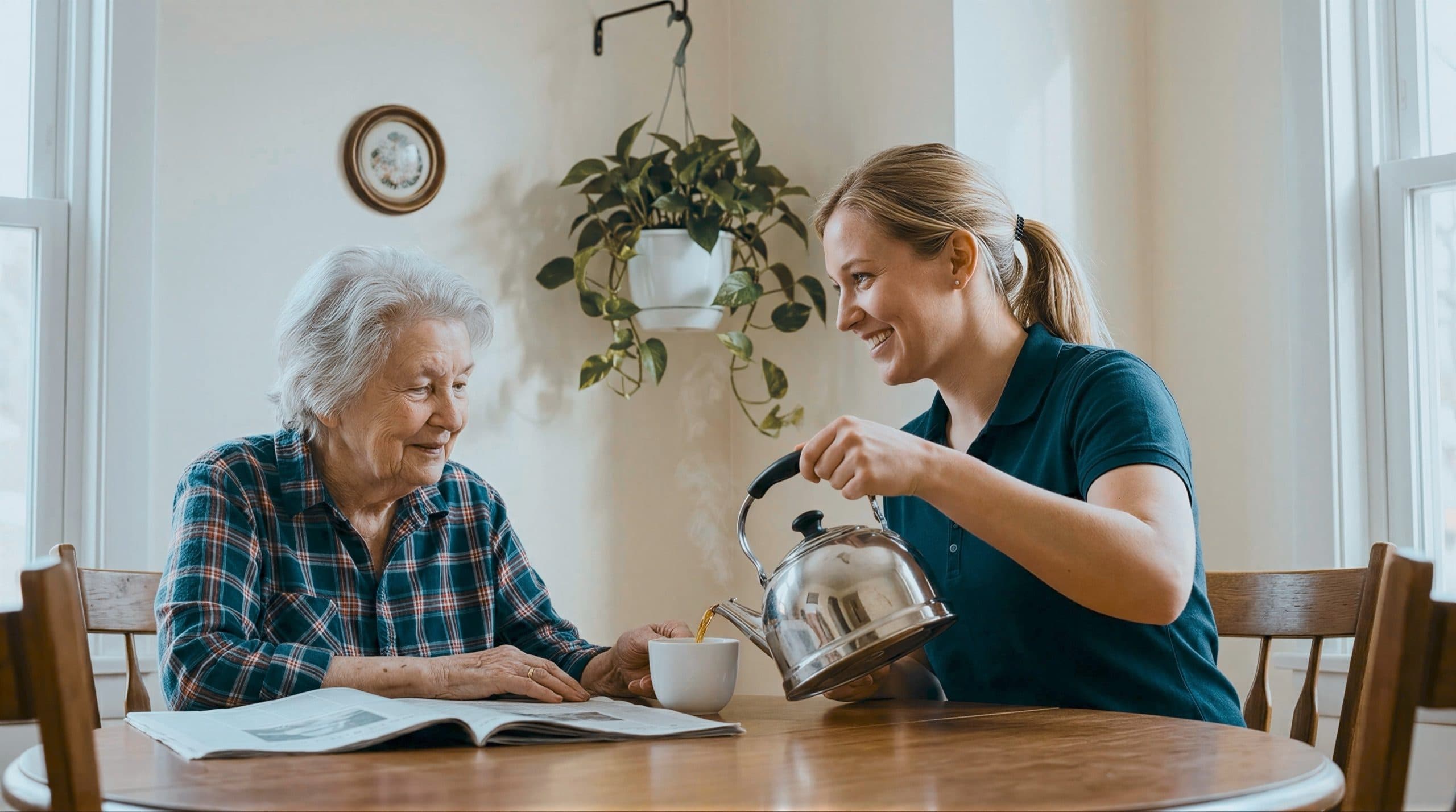 A caregiver pouring tea for a smiling elderly woman at her kitchen table