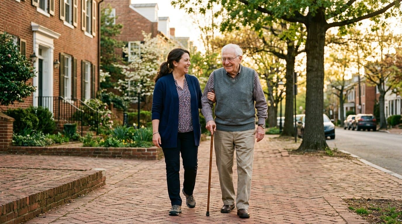 A caregiver walking arm in arm with an older man on a tree-lined brick sidewalk